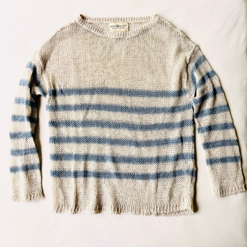 Denim & Supply Ralph Lauren 100% Linen Knit Cream Crewneck Sweater Blue Stripes